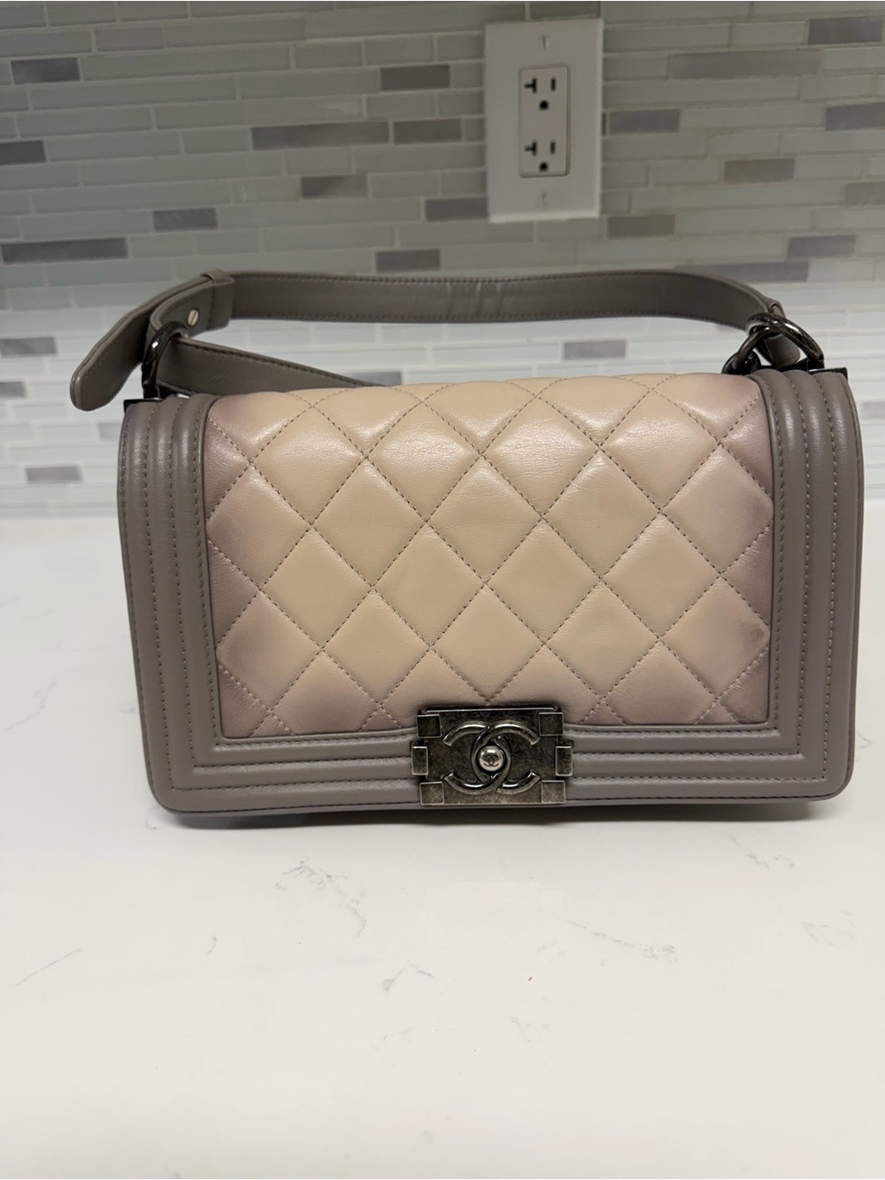 CHANEL Quilted Shoulder Bag in Beige and Gray
